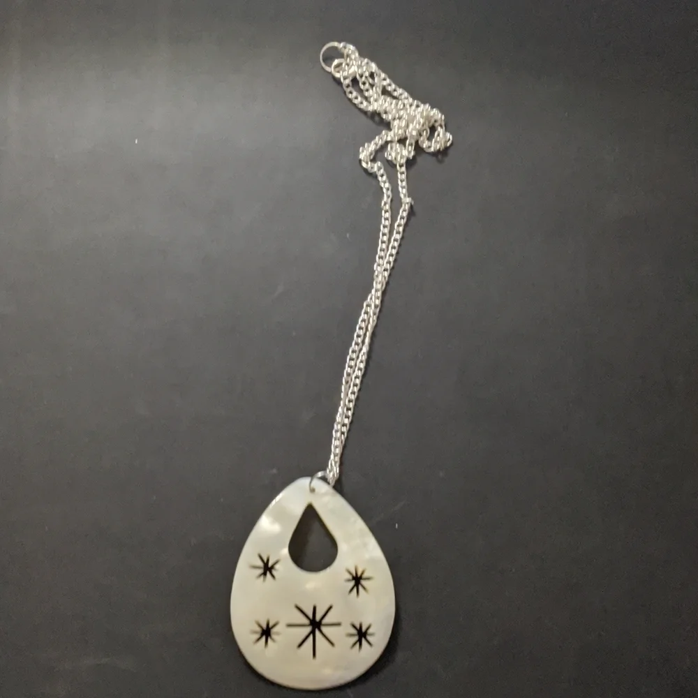 Silver Tone White Mother of Pearl Curved Teardrop Pendant Statement Necklace